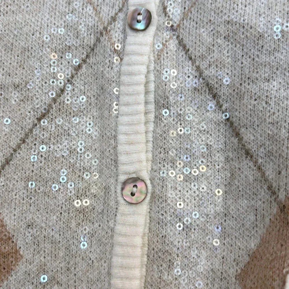 Zara Women Argyle Sequin Cropped Cardigan Sweater Tan Cream Wool Blend Small